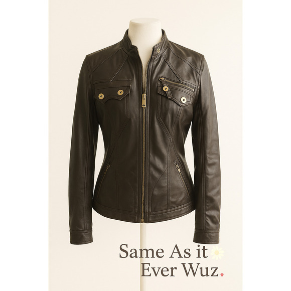 Freda Jackets & Blazers - Freda M Brown Faux Leather Moto Jacket Gold Zip Pockets Vegan PVC Lined